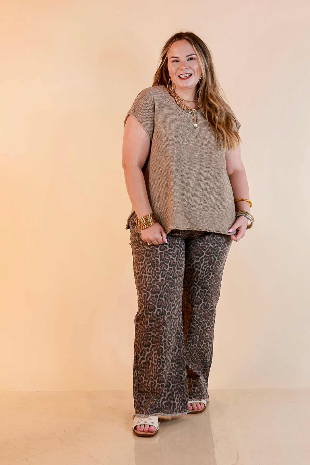 Simply Southern | Cool Statement Wide Leg Cropped Denim Jeans with Fray Hem in Leopard Print