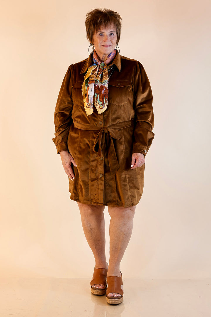 Free And Flirty Suede Button Up Dress with Waist Tie in Camel Brown