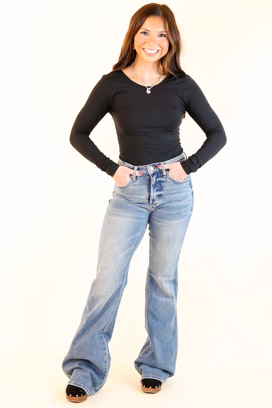 Judy Blue | Ready to Roll Tummy Control Flare Jean with Shield Back Pockets in Vintage Medium Wash