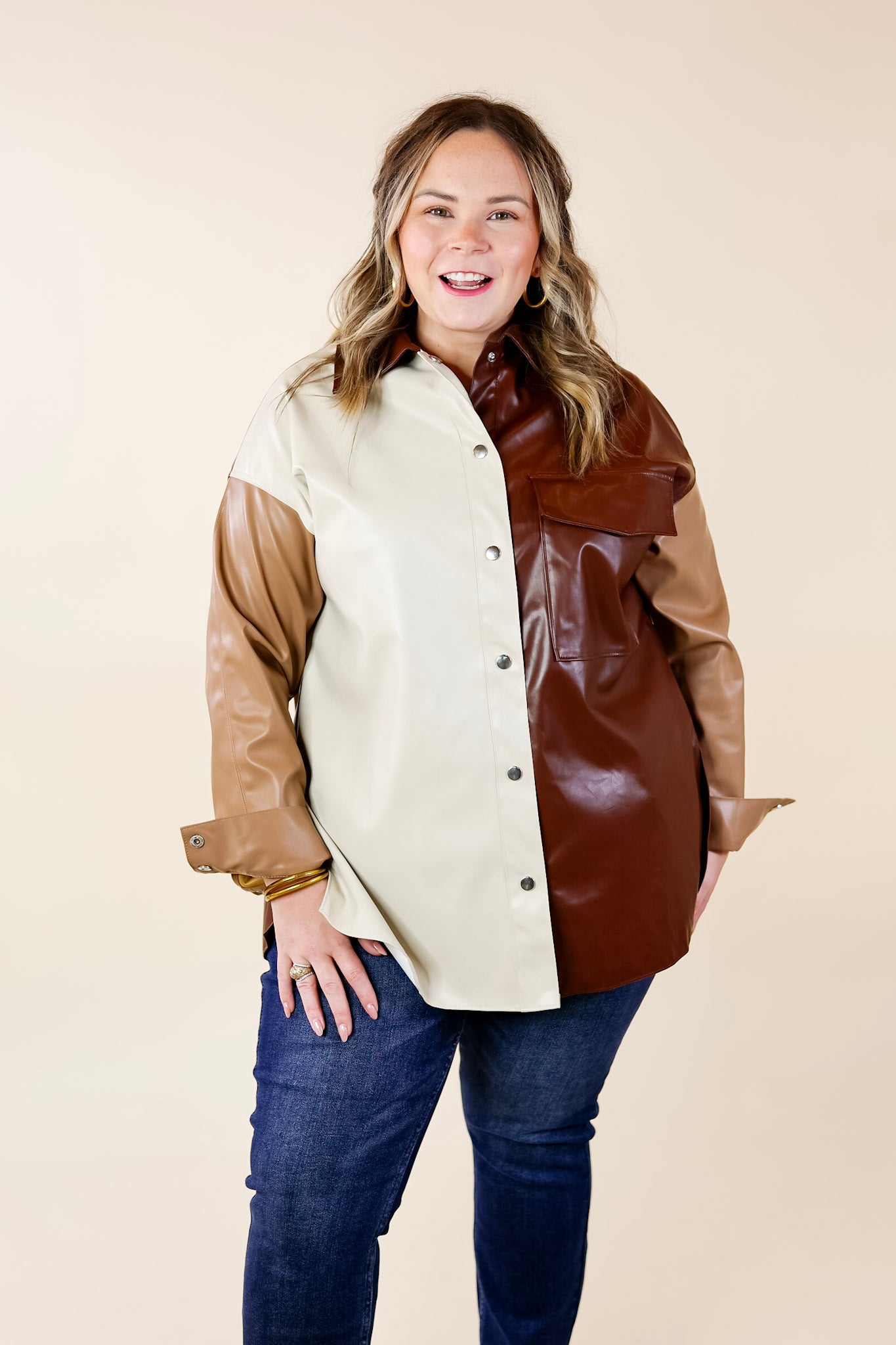 Autumn Event Faux Leather Color Block Shacket in Brown Mix - Giddy Up Glamour Boutique