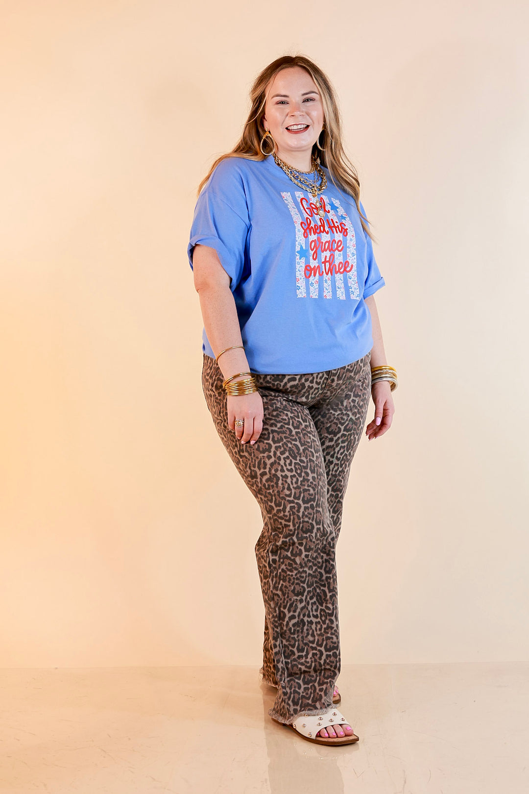 Grace Upon Grace Short Sleeve Graphic Tee with Floral Detailing in Sky Blue