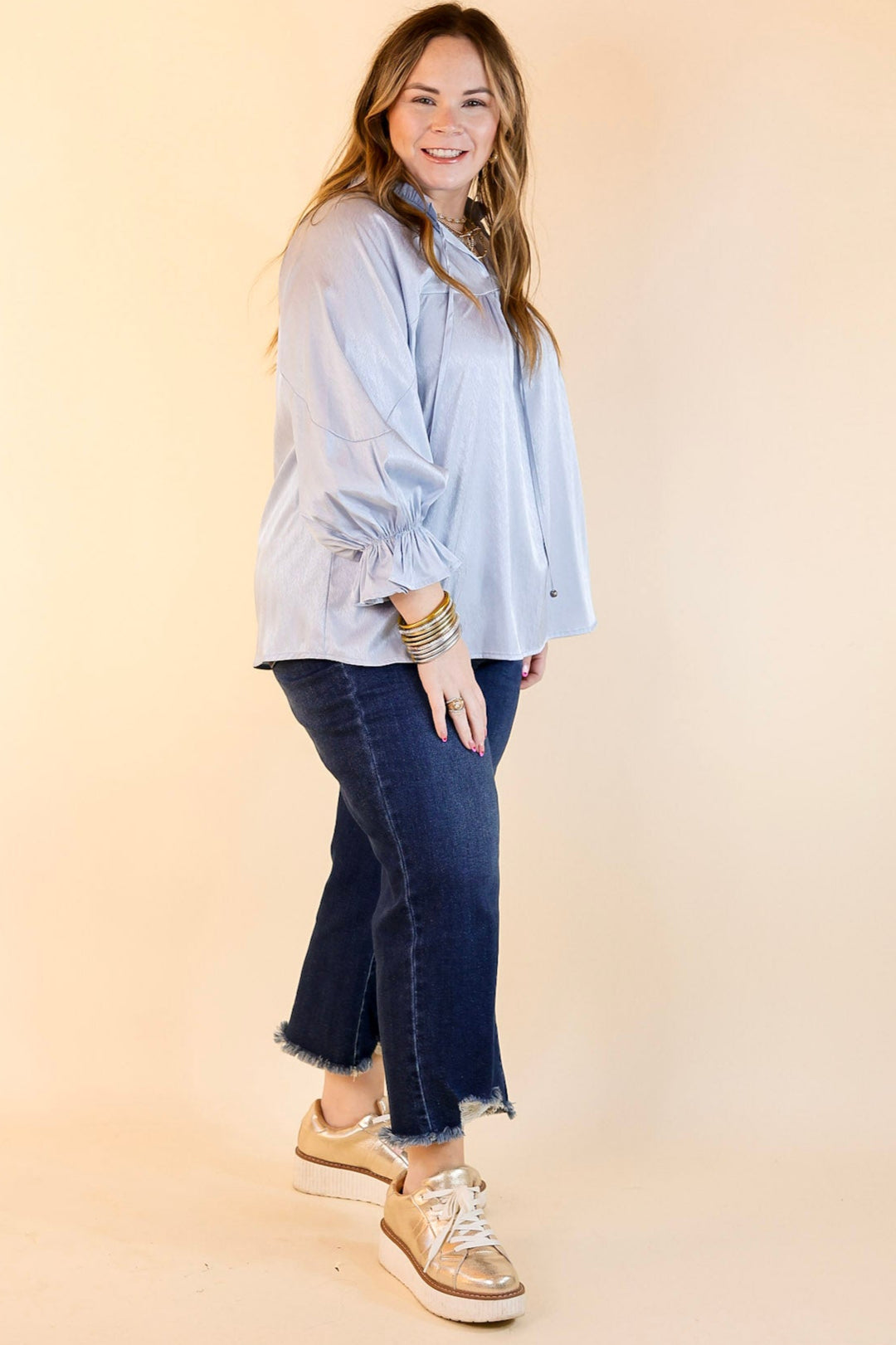 Sunset Situation Front Tie Keyhole Blouse in Light Blue