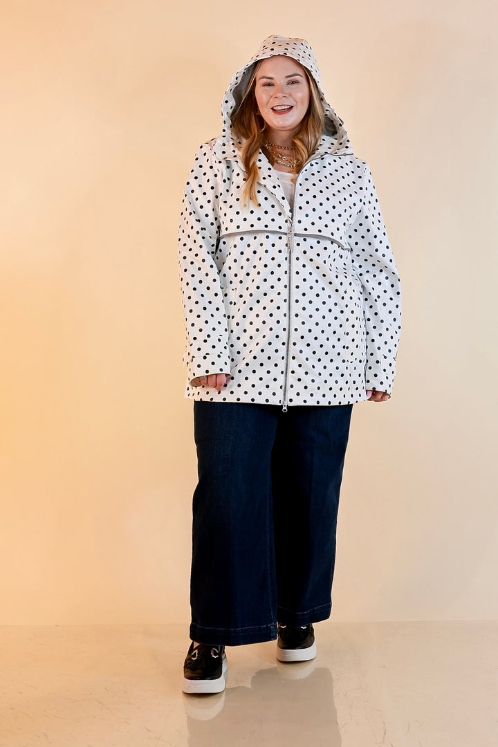 Lulu Mac | Chic Forecast Black Polka Dot Hooded Rain Jacket in Ivory