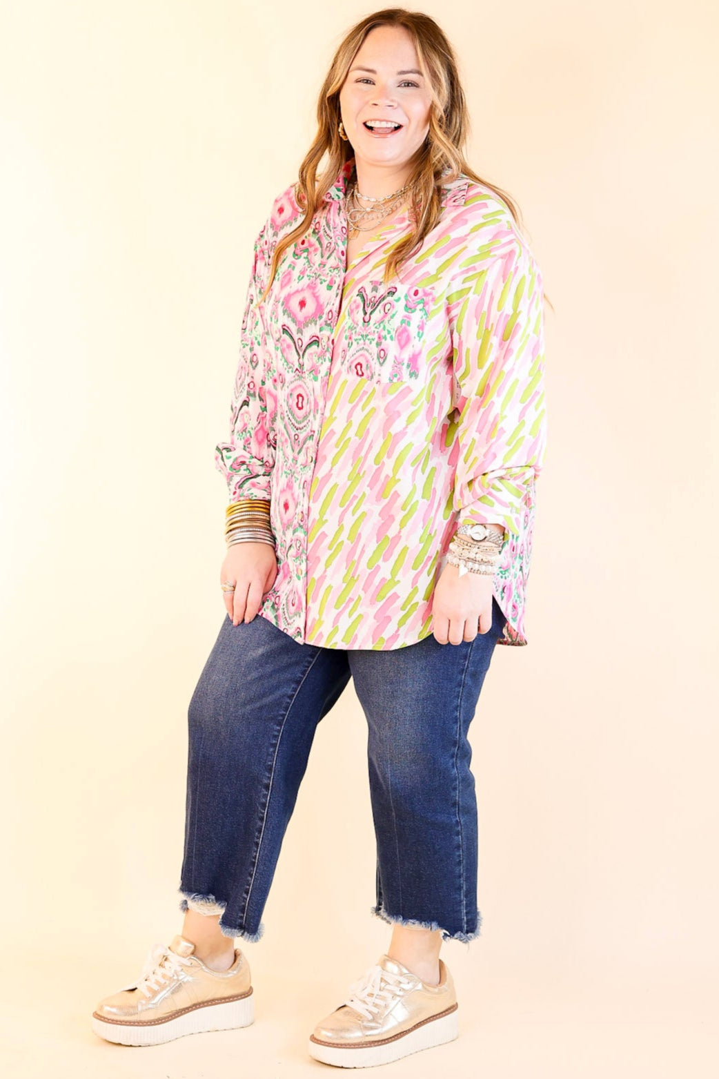 Sensational Flair Button Up Mix Print Top in Green and Pink