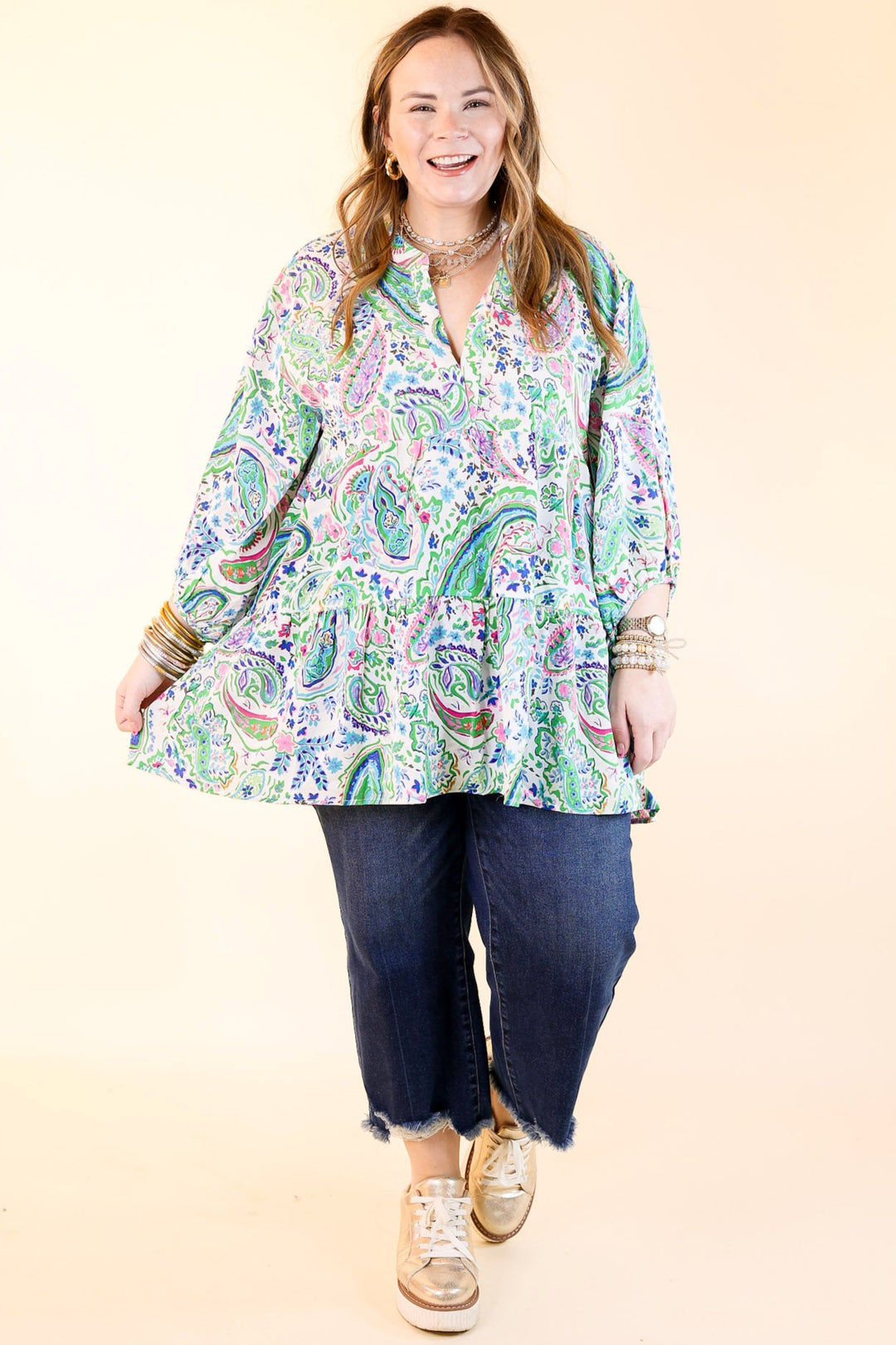 Meadow Melody Paisley Tiered Babydoll Top in Green Mix