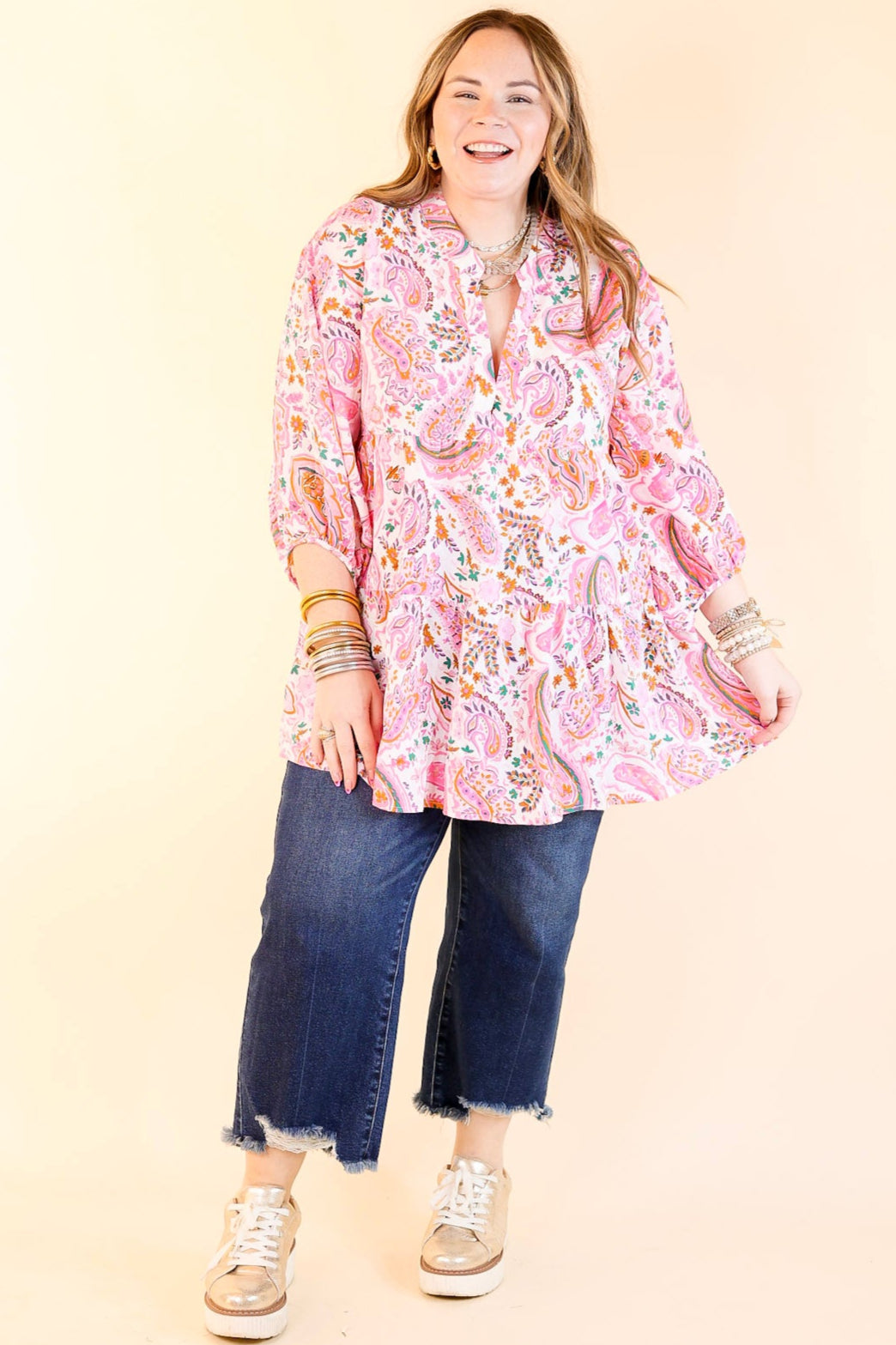 Meadow Melody Paisley Tiered Babydoll Top in Pink Mix