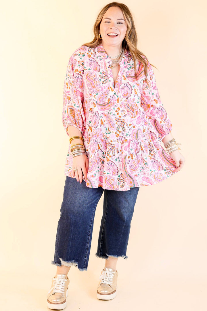 Meadow Melody Paisley Tiered Babydoll Top in Pink Mix
