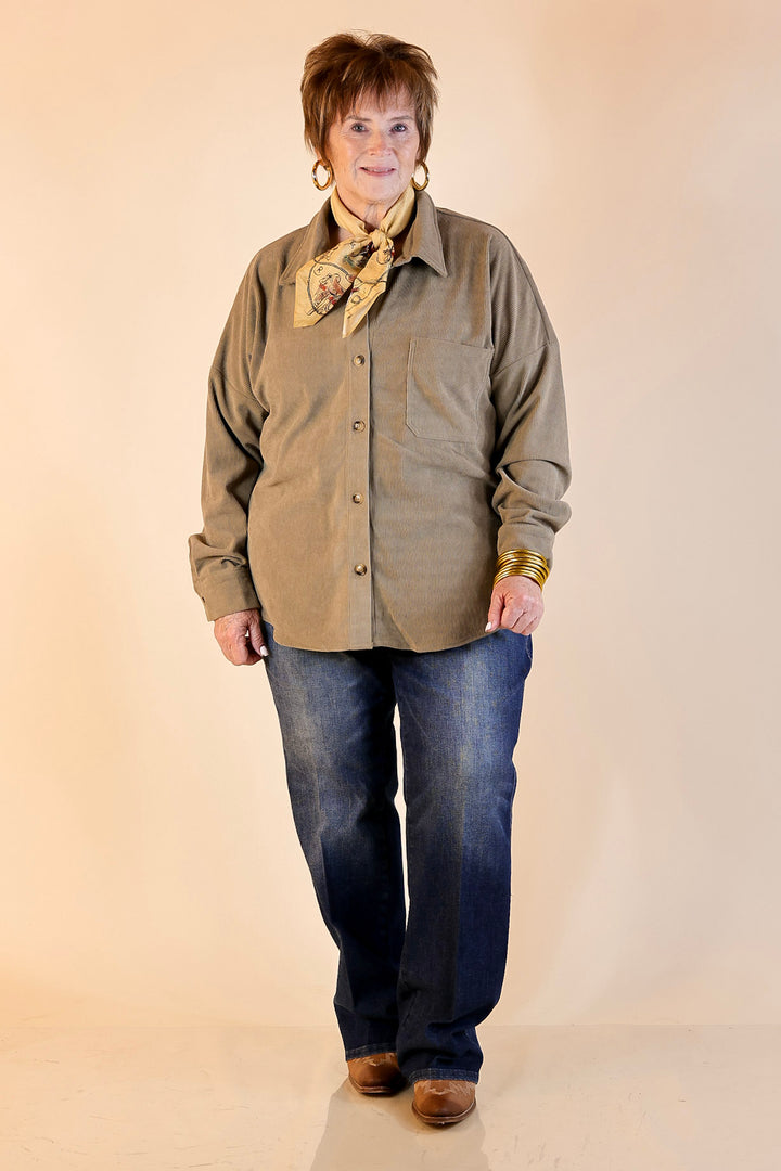 Captivating Cuteness Corduroy Button Up Shacket in Olive Green