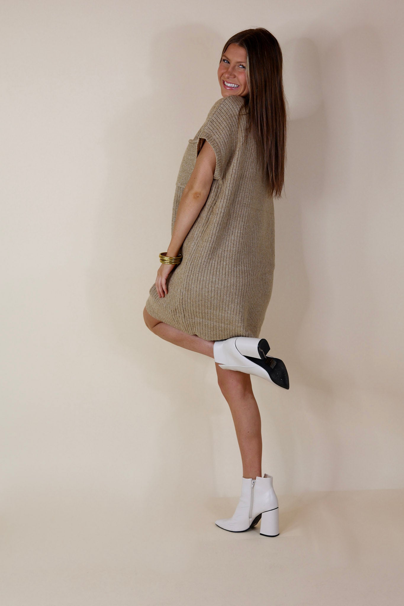 City Sights Cap Sleeve Sweater Dress in Oatmeal Beige - Giddy Up Glamour Boutique