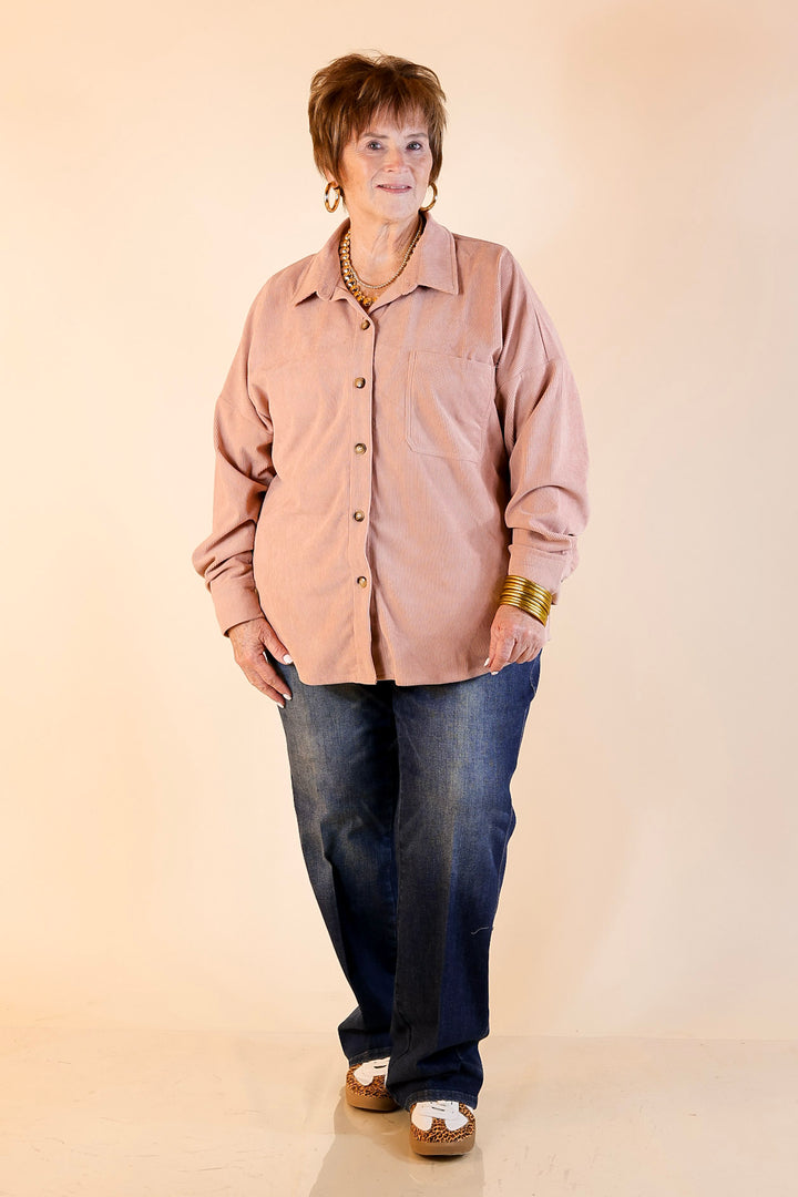 Captivating Cuteness Corduroy Button Up Shacket in Mauve Pink