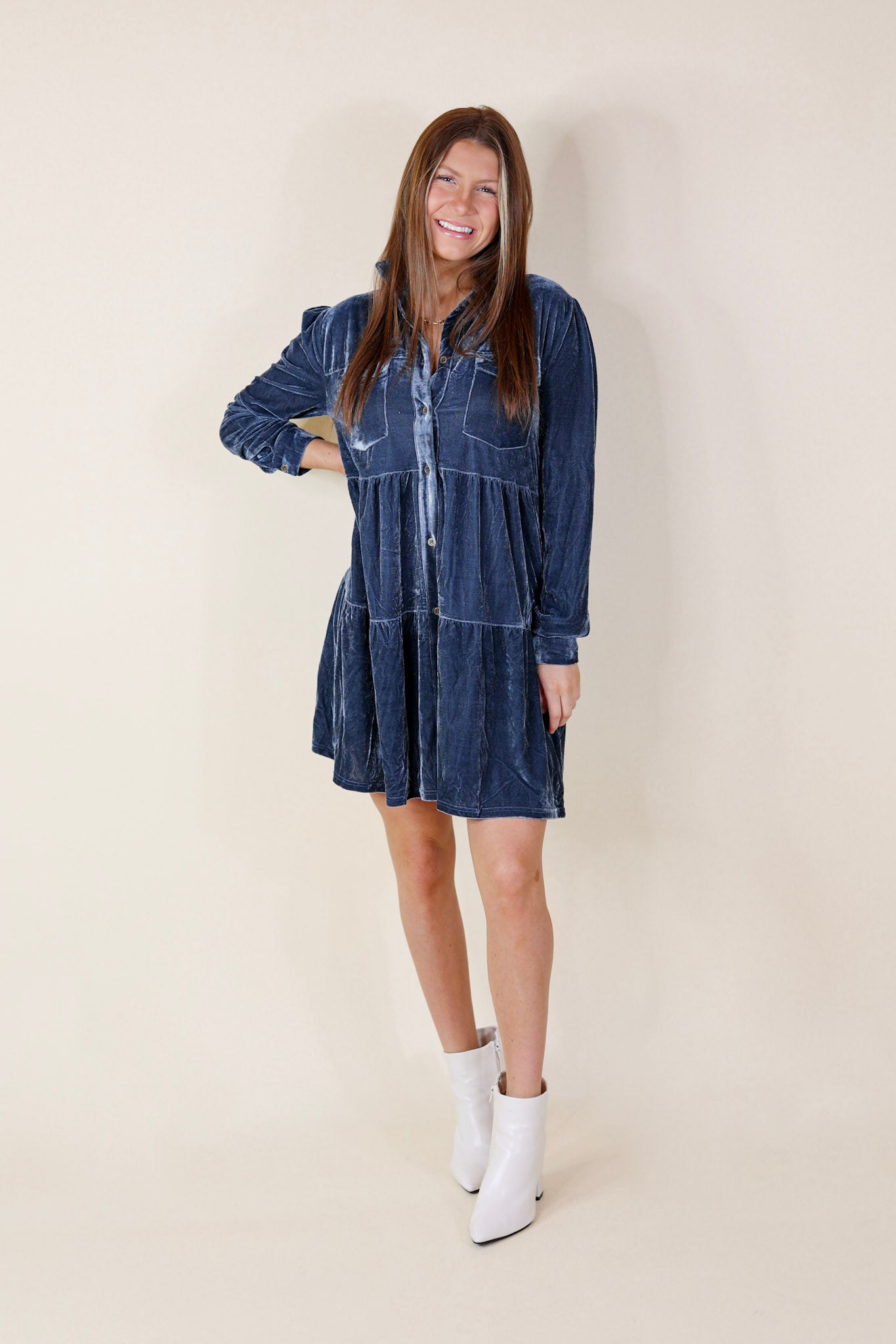 Grateful Gathering Velvet Button Up Dress with Long Sleeves in Steel Blue - Giddy Up Glamour Boutique