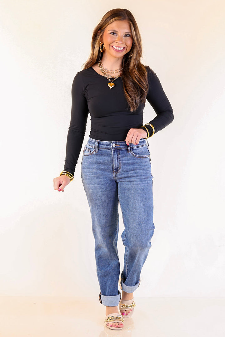 Judy Blue | Simple Sophistication Classic Cuffed Boyfriend Denim Jeans in Medium Wash