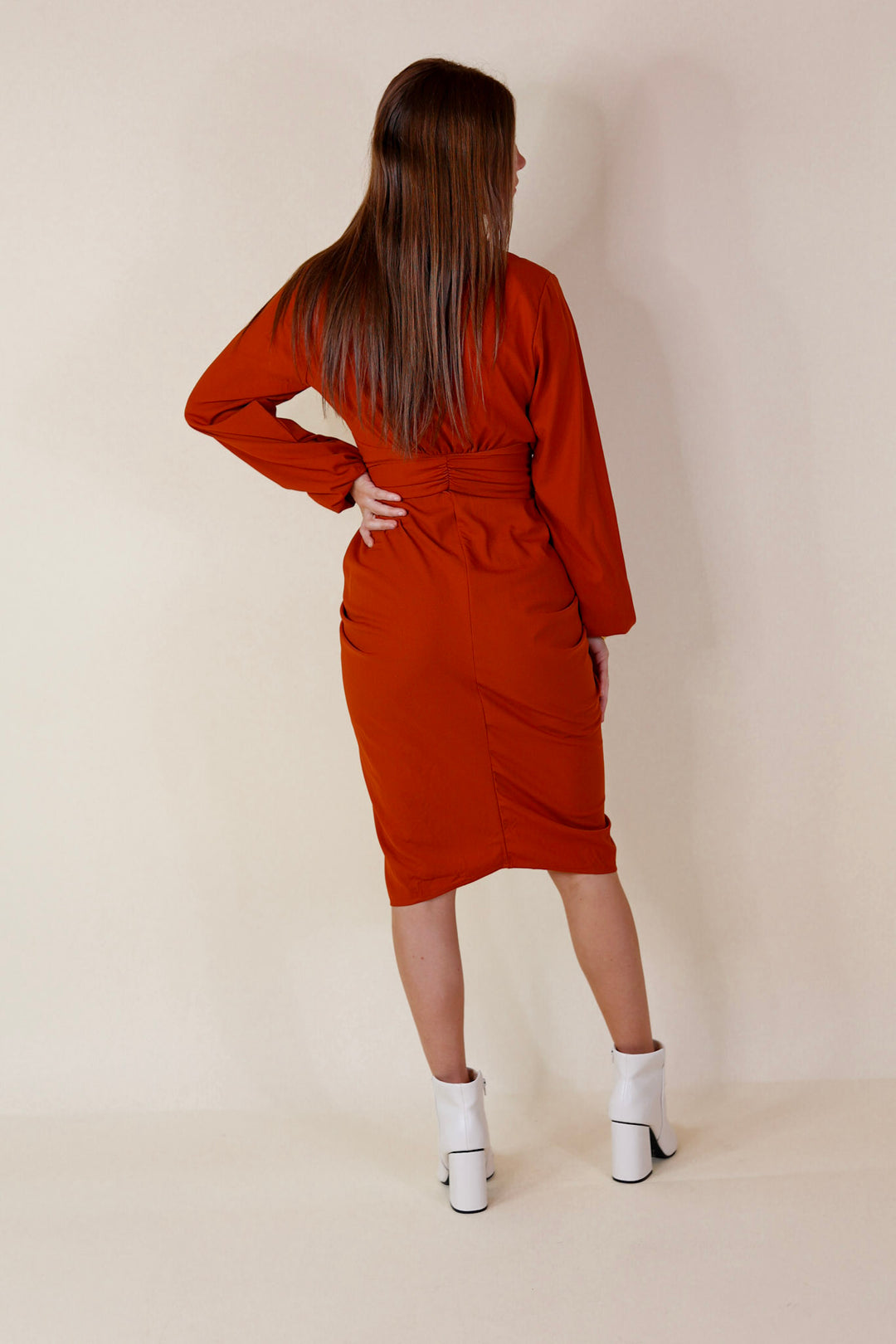 Heart On The Line Button Up Ruched Front Midi Dress with Waist Tie in Rust Orange - Giddy Up Glamour Boutique