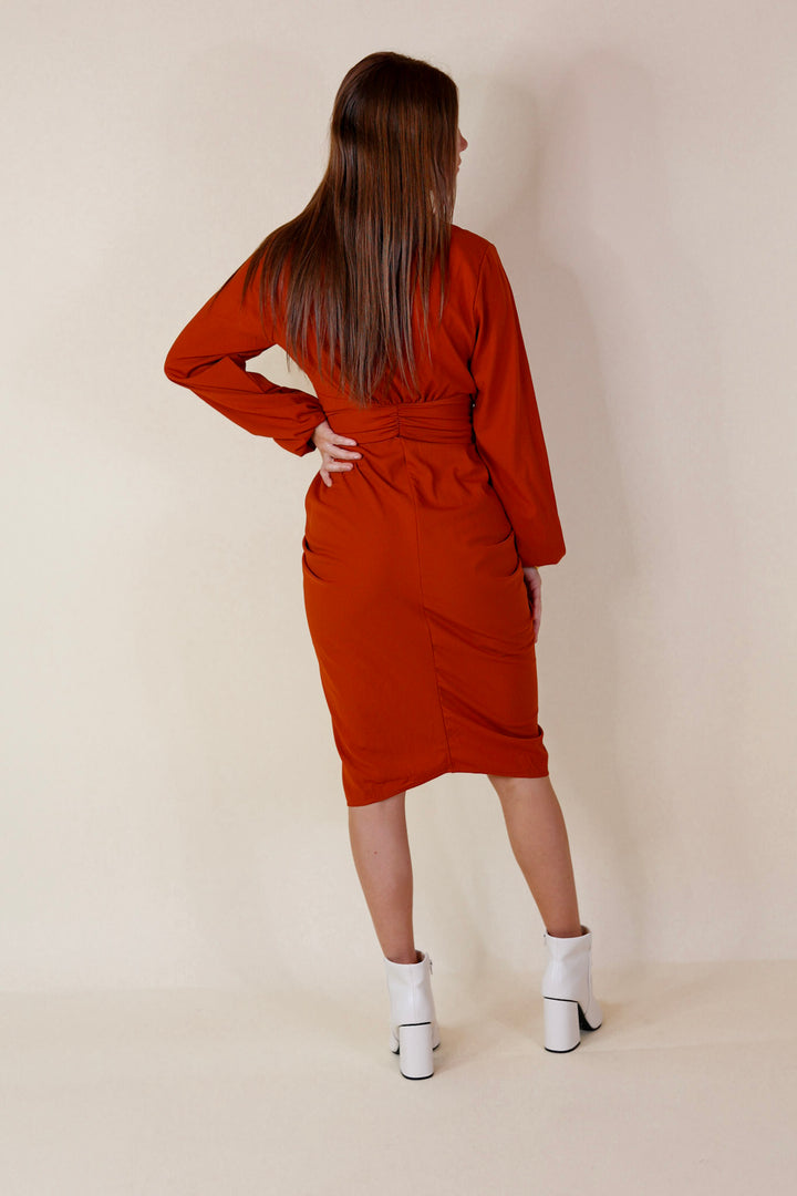 Heart On The Line Button Up Ruched Front Midi Dress with Waist Tie in Rust Orange - Giddy Up Glamour Boutique