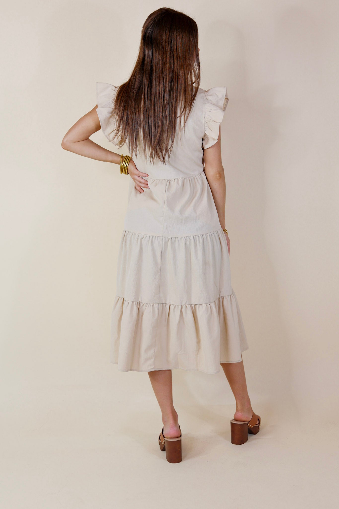 Magnolia Morning Ruffle Cap Sleeve Tiered Midi Dress in Cream - Giddy Up Glamour Boutique