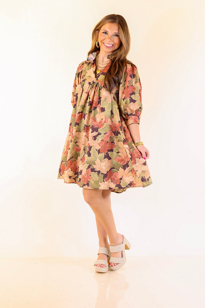 Endless Possibilities Floral Babydoll Dress with Puff Sleeves in Beige, Navy and Rust