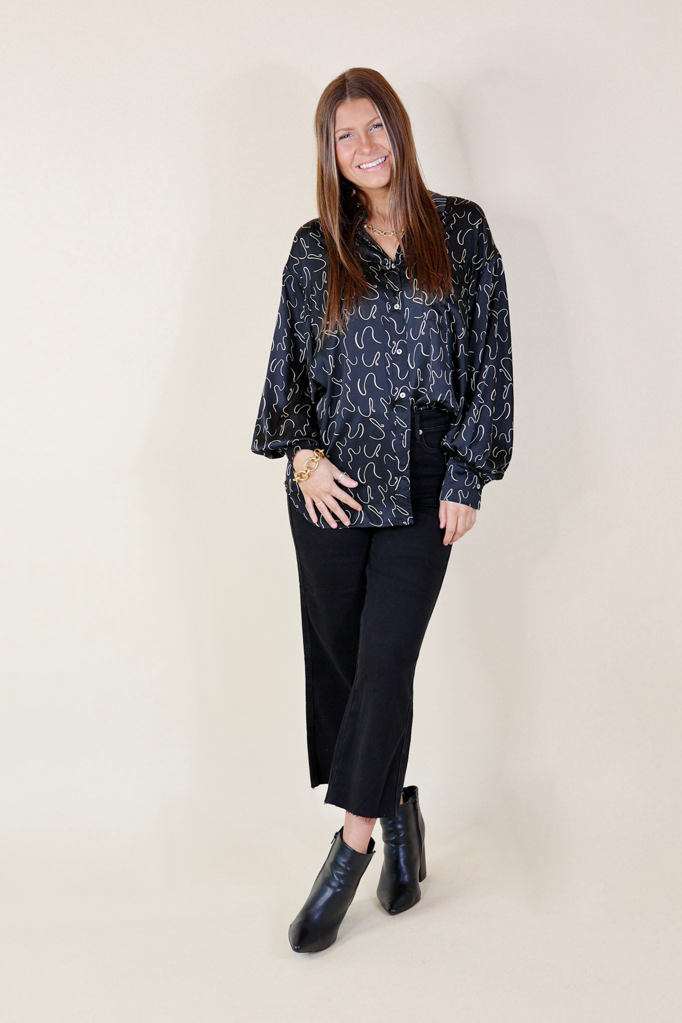 Endlessly Obsessed Satin Button Up Swirl Print Top in Black - Giddy Up Glamour Boutique