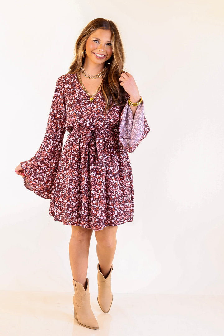 Bliss And Beyond Long Sleeve Floral Dress with Tie Waist in Maroon