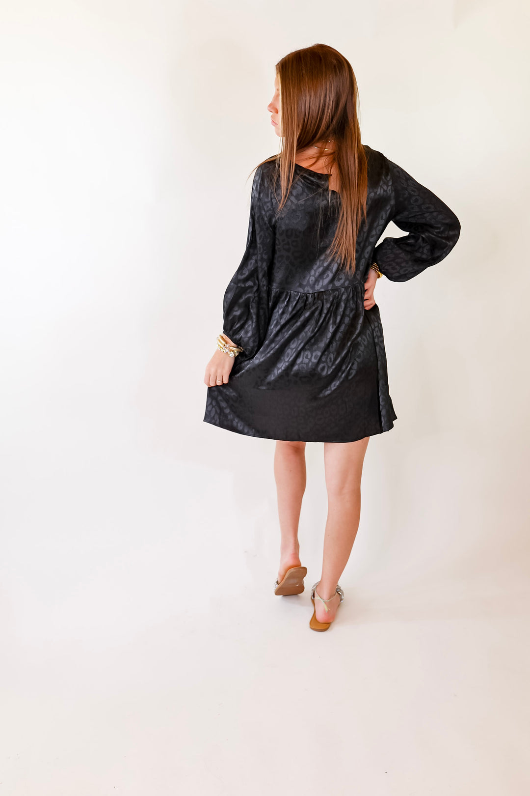 Change Is Coming Leopard Print Babydoll Dress with Long Sleeves in Black - Giddy Up Glamour Boutique