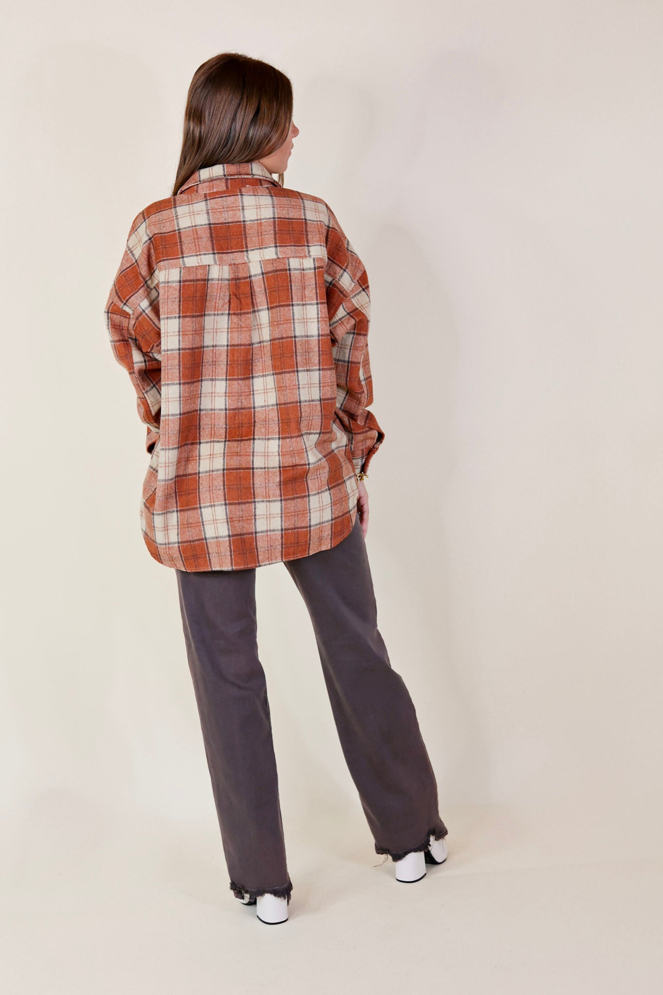Kindness Everywhere Button Up Plaid Shacket in Burnt Orange - Giddy Up Glamour Boutique