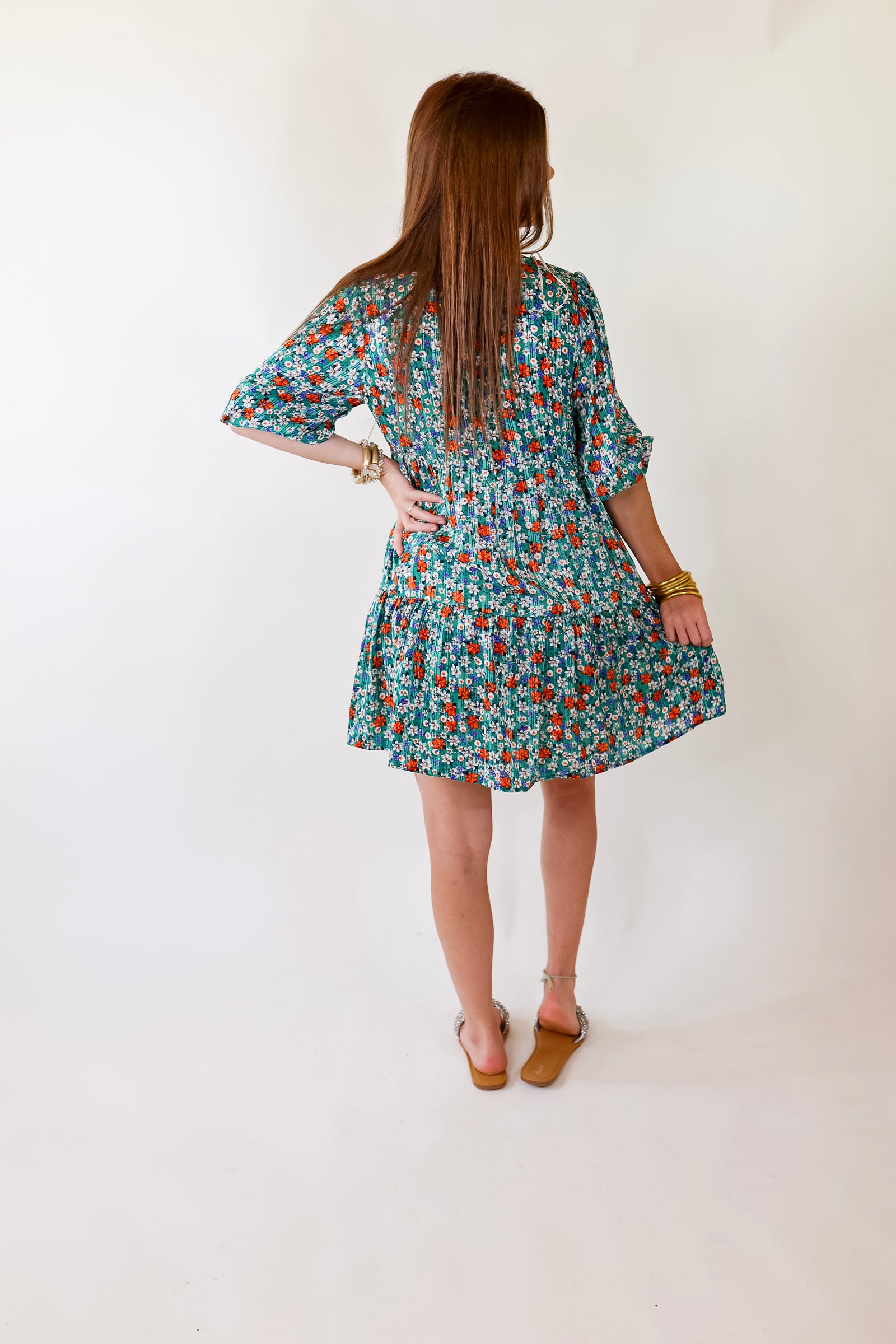 Pretty Personality Tiered Floral Dress in Teal - Giddy Up Glamour Boutique