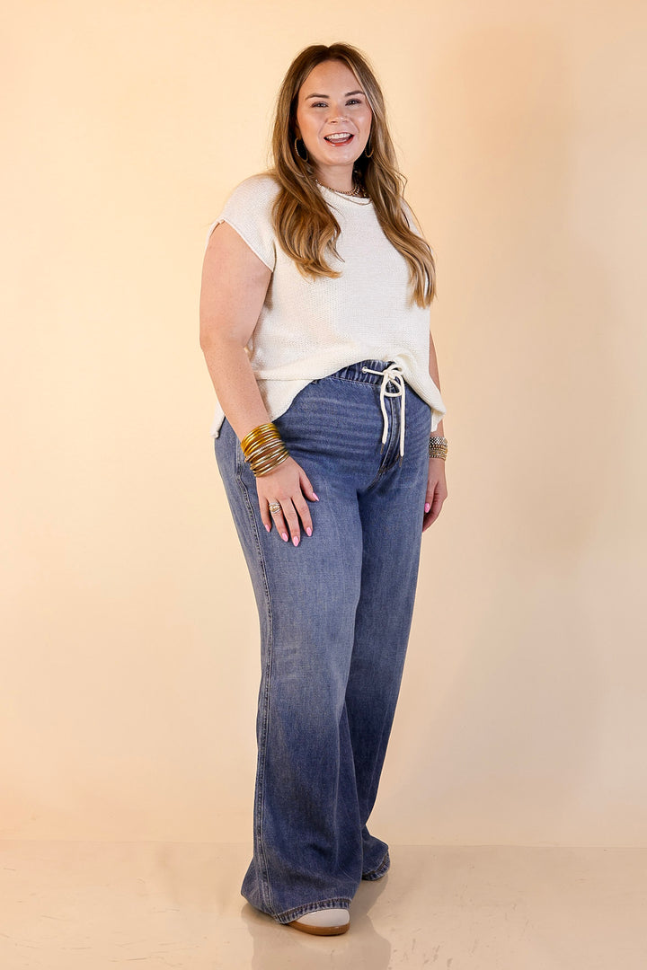 Judy Blue | Made to Move Wide Leg Palazzo Featherweight Elastic Waistband Jeans in Dark Wash