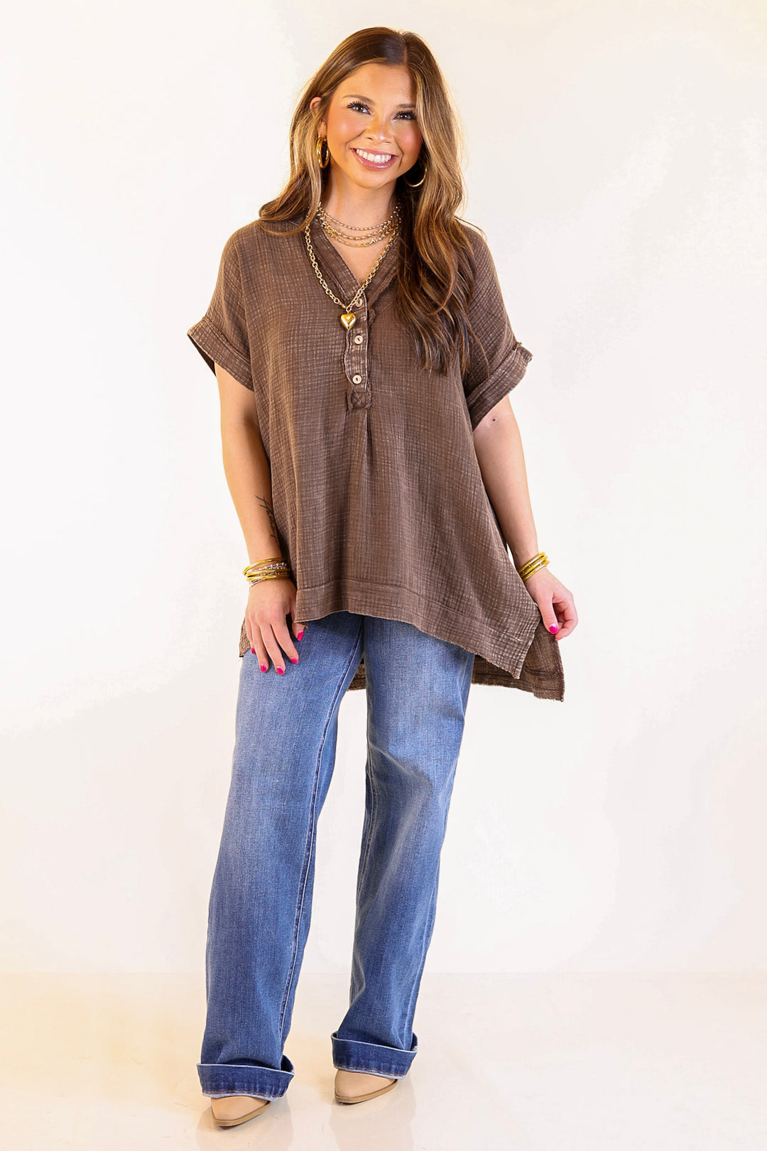 Simple Statement Quarter Button Up Short Drop Sleeve Shirt in Brown