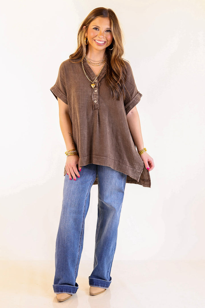 Simple Statement Quarter Button Up Short Drop Sleeve Shirt in Brown