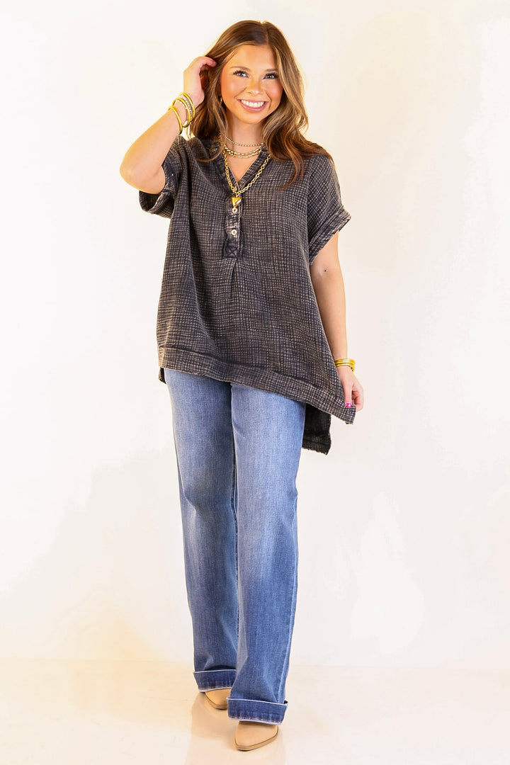 Simple Statement Quarter Button Up Short Drop Sleeve Shirt in Black