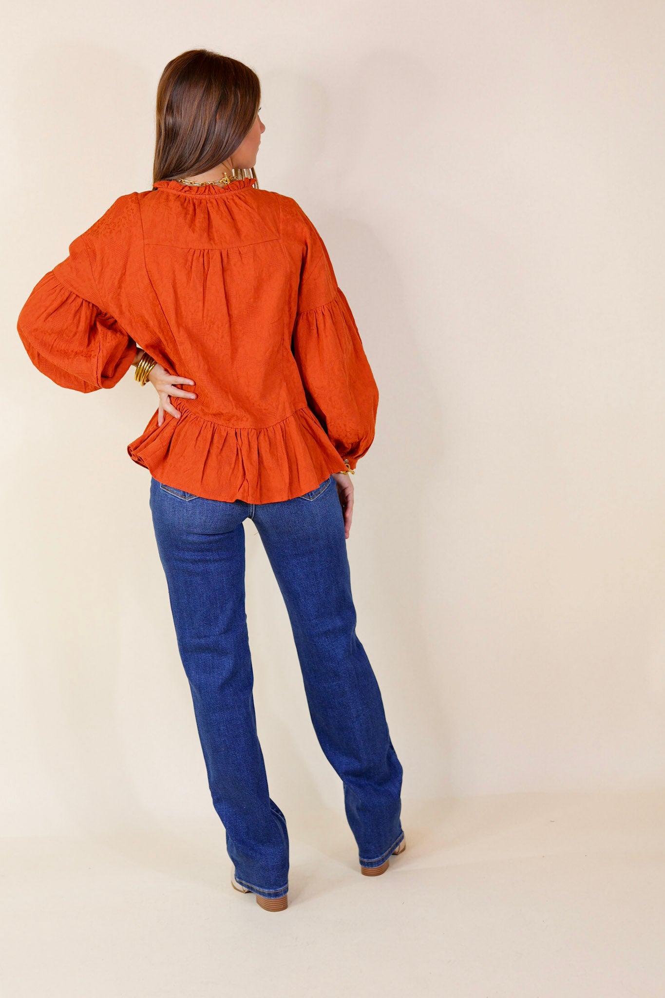 Free Fallin' Textured Long Sleeve Peplum Top with Keyhole Front in Orange - Giddy Up Glamour Boutique