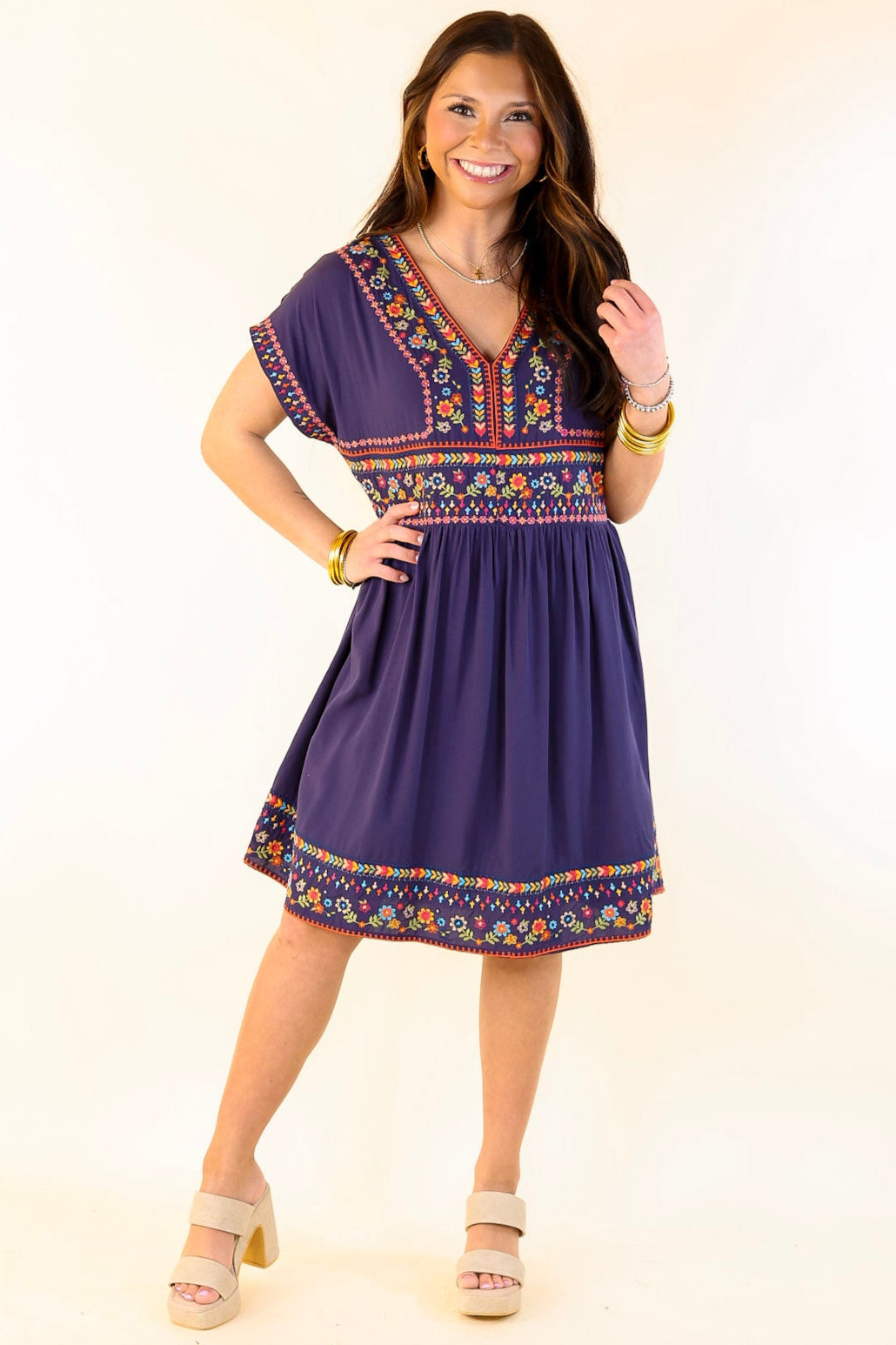Passing Through V Neck Embroidered Dress with Short Sleeves in Navy Blue