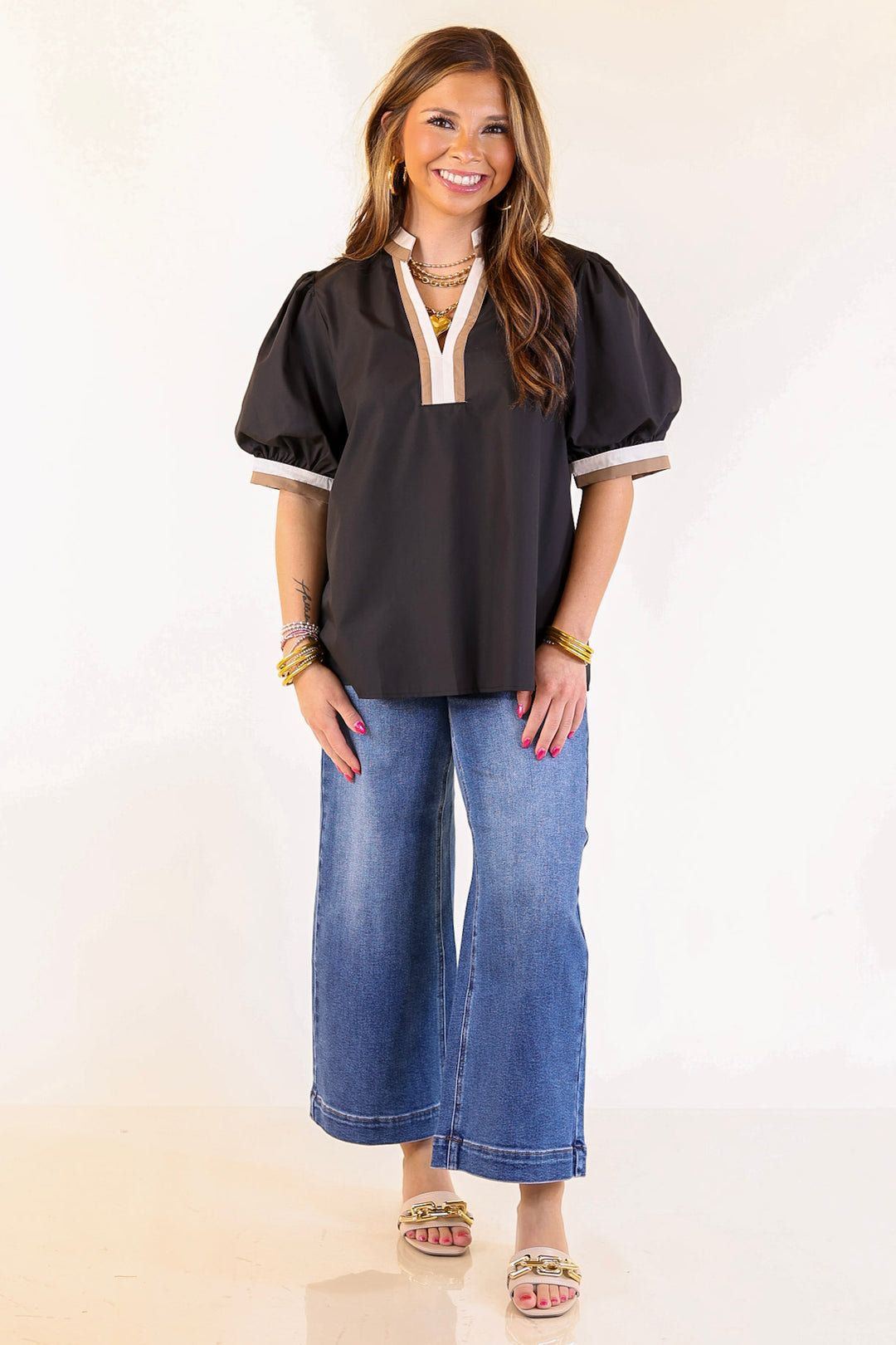 Standout Style V Neck Top with Short Balloon Sleeves and Natural Color Trim in Black