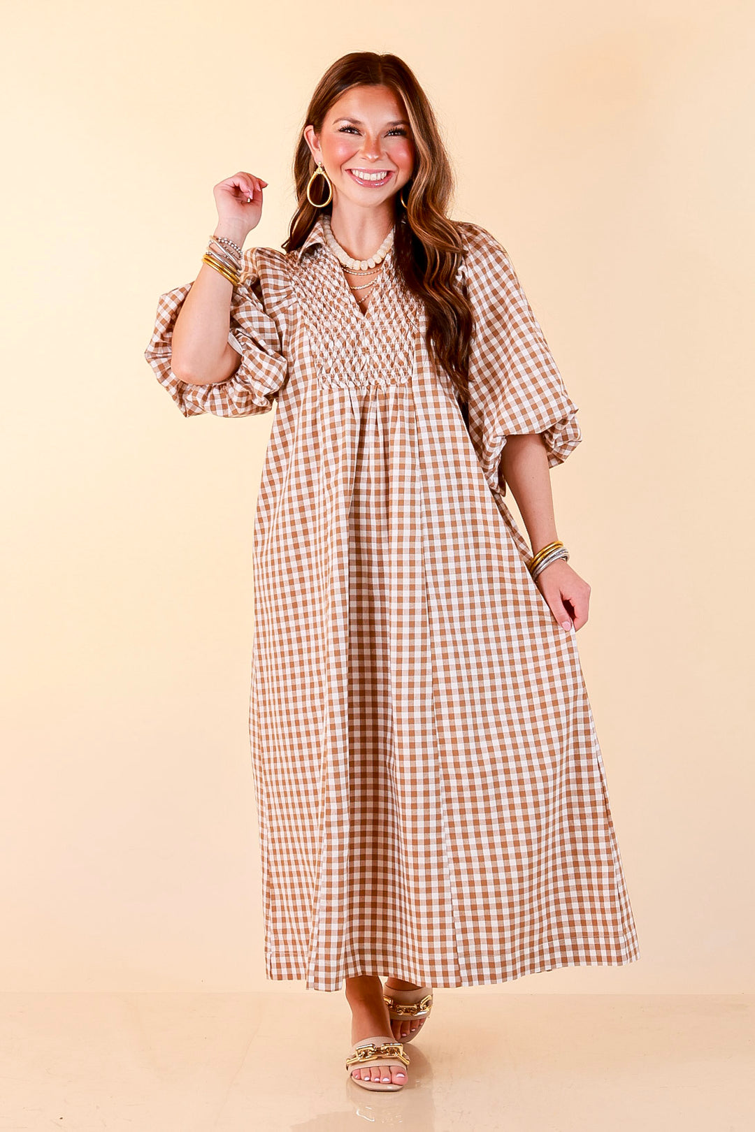 All Eyes on You Smocked Yoke Puff Sleeve Gingham Print Maxi Dress in Camel Brown and Ivory