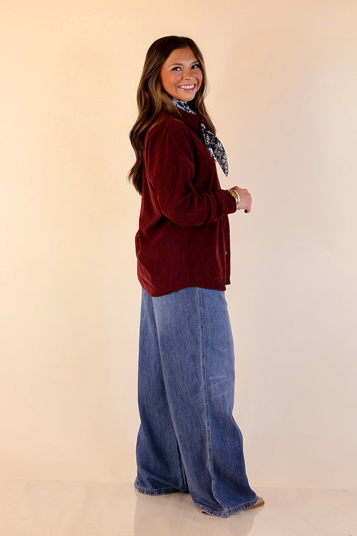 Captivating Cuteness Corduroy Button Up Shacket in Maroon