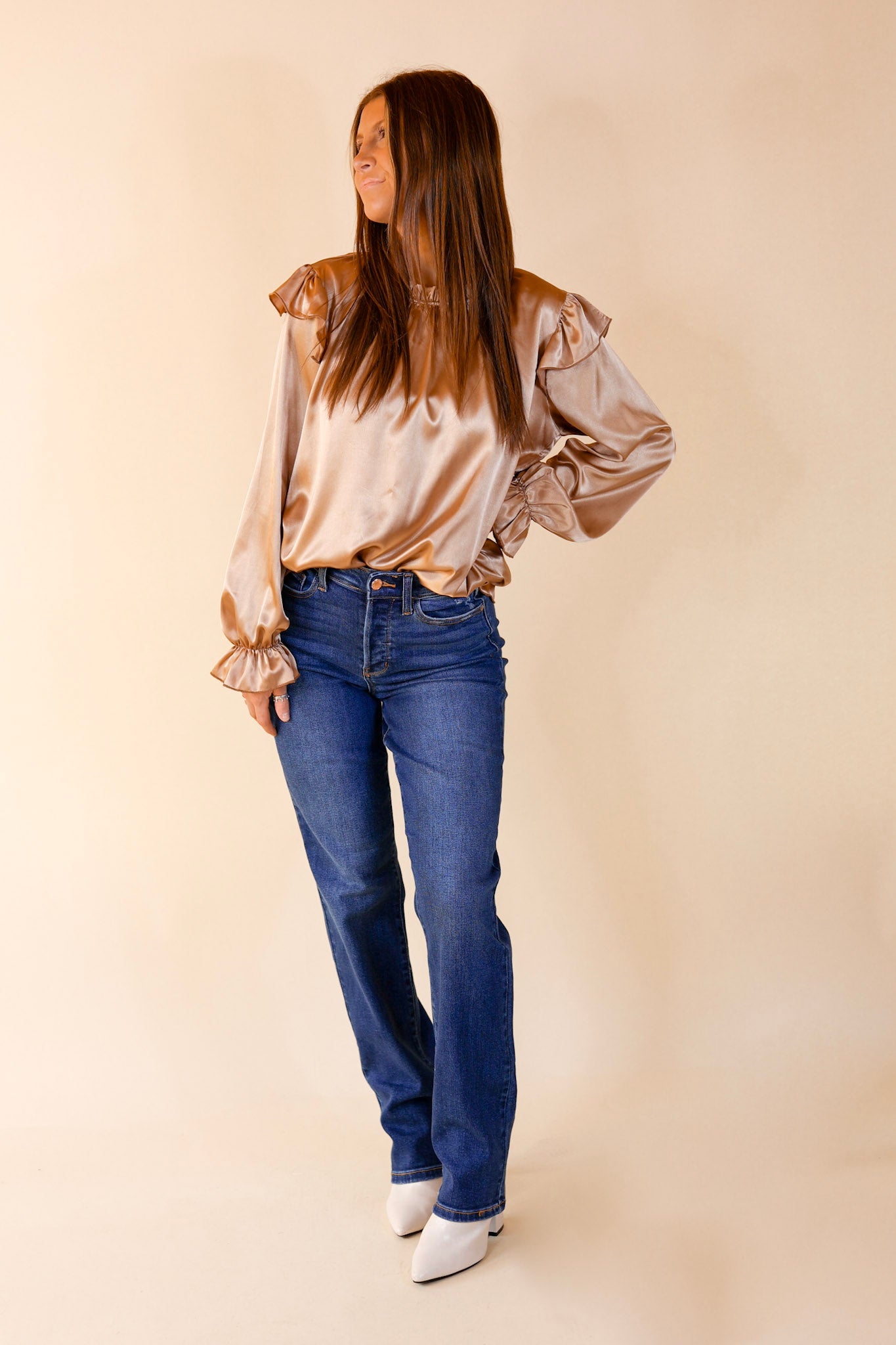 Can't Stop Me Ruffle Mock Neck Long Sleeve Satin Top in Champagne