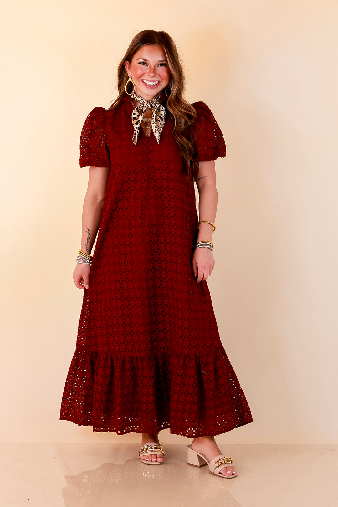 Meet Me at Sunset Eyelet Lace Puff Sleeve Tiered Maxi Dress in Maroon