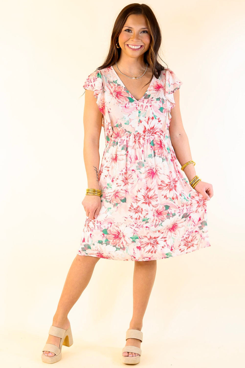 Sunshine On My Mind Floral Ruffle Cap Sleeve Dress in Pink