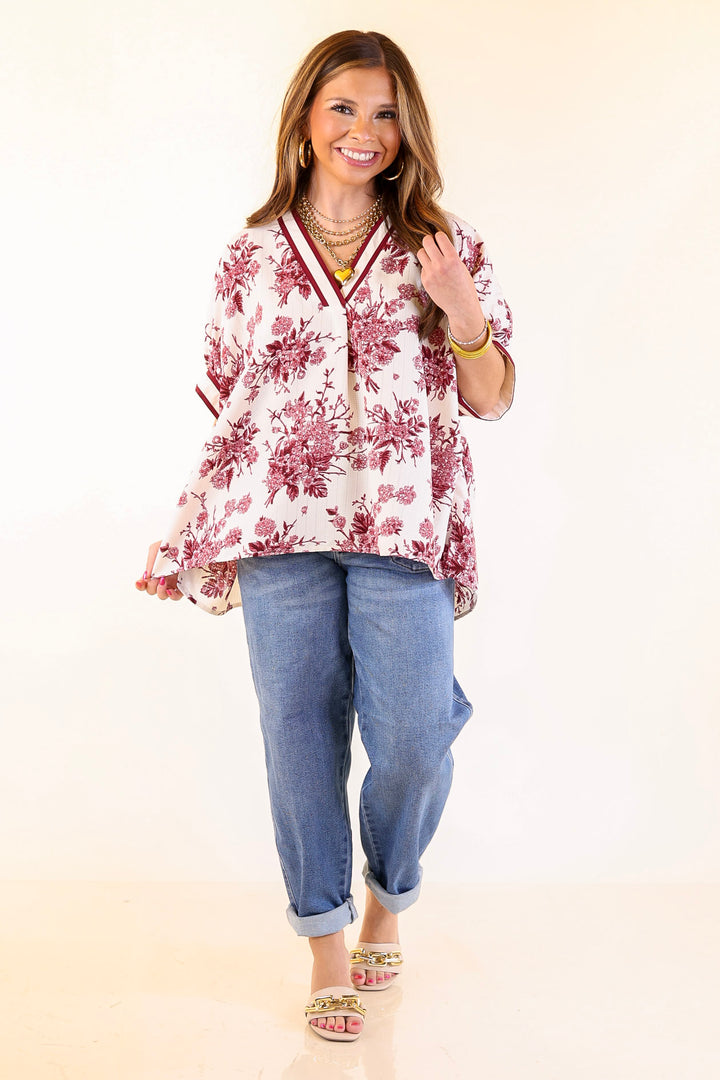 Chic Rewind V Neck Placket Floral French Toile Short Sleeve Top in Maroon and Ivory