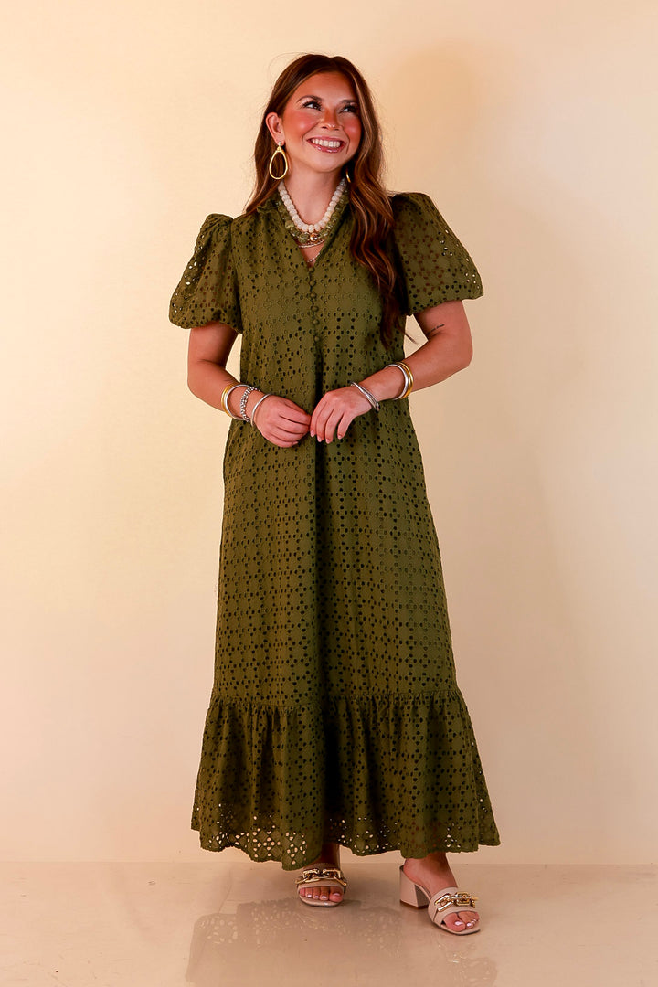 Meet Me at Sunset Eyelet Lace Puff Sleeve Tiered Maxi Dress in Olive Green
