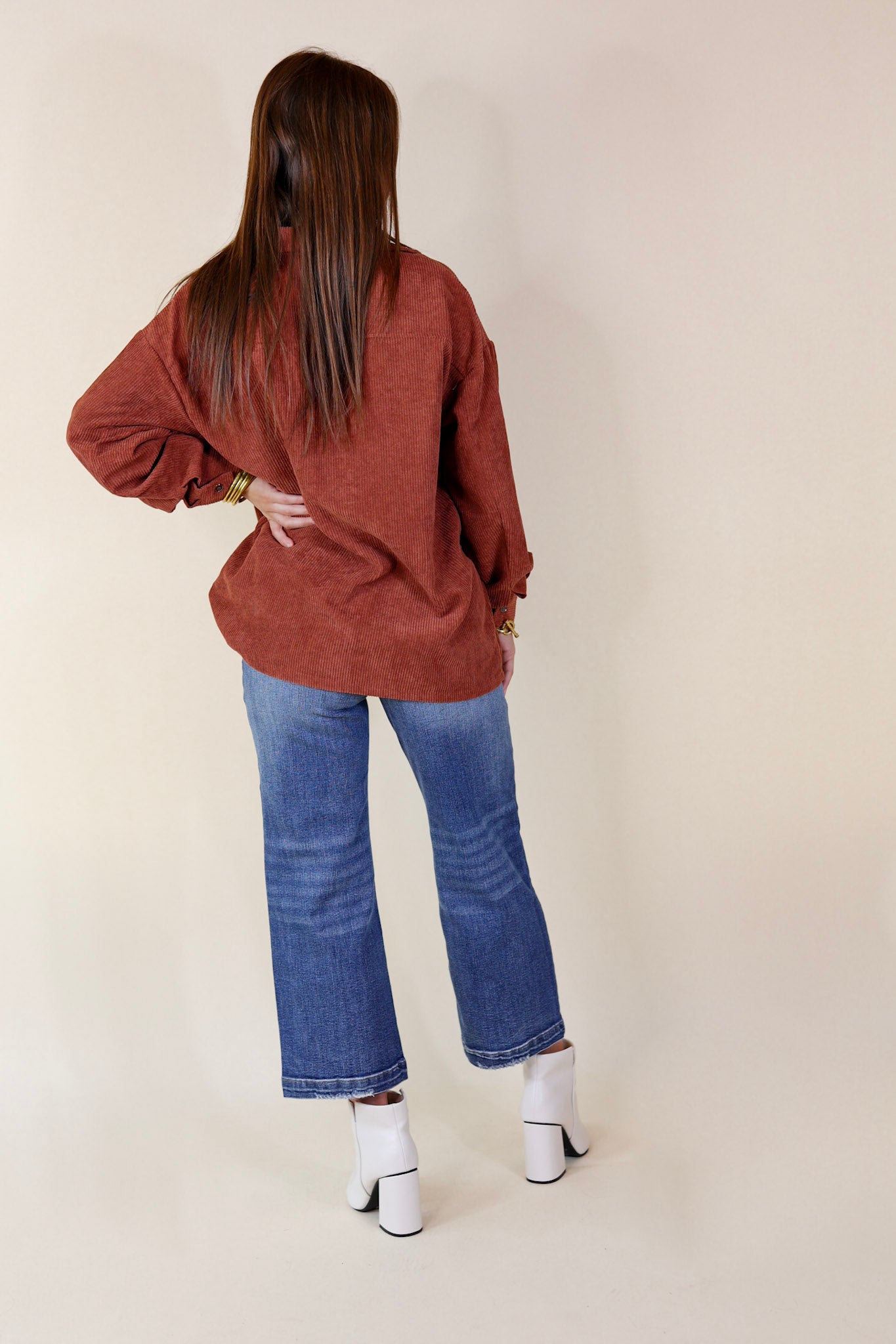 Latte Sips Button Up Corduroy Shacket in Rust - Giddy Up Glamour Boutique