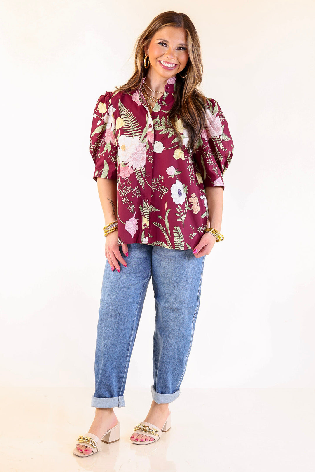 First Glance Button Up Puff Sleeve Floral Print Top in Maroon