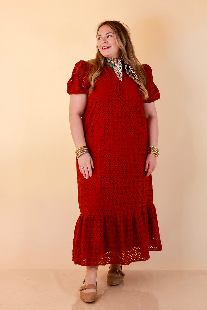 Meet Me at Sunset Eyelet Lace Puff Sleeve Tiered Maxi Dress in Rust Red