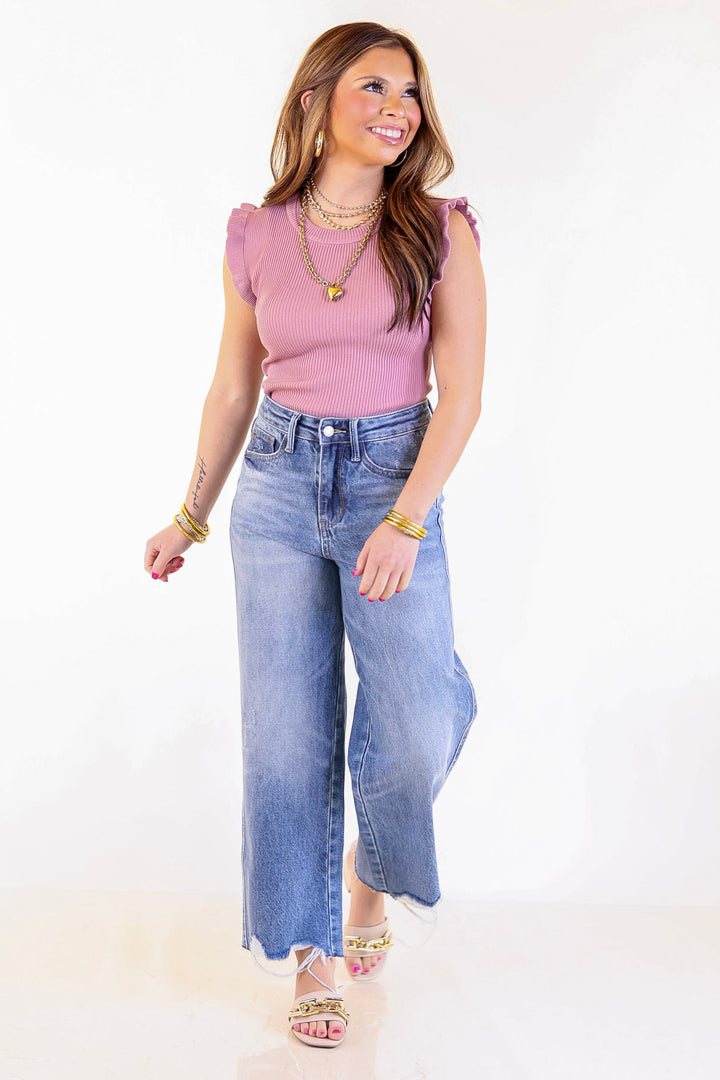 Flirty Frill Scoop Neck Top with Ruffle Sleeves in Mauve Pink