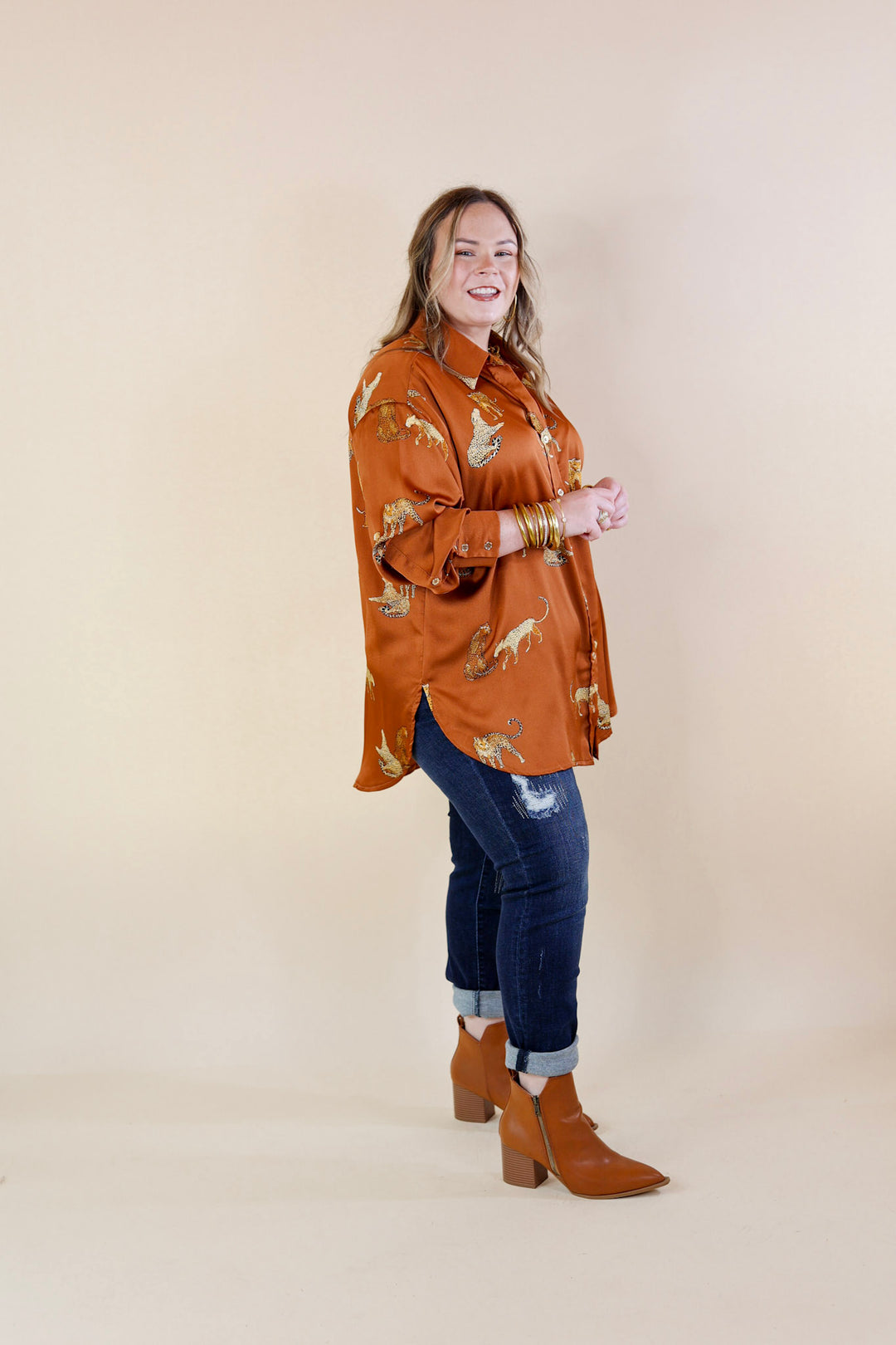 Tell Me Something Good Cheetah Print Long Sleeve Button Up Top in Camel Brown - Giddy Up Glamour Boutique