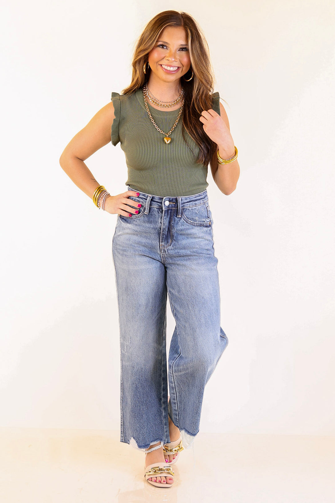 Flirty Frill Scoop Neck Top with Ruffle Sleeves in Olive Green