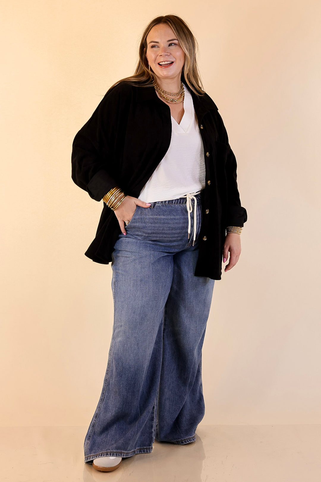 Plus Sizes | Captivating Cuteness Corduroy Button Up Shacket in Black