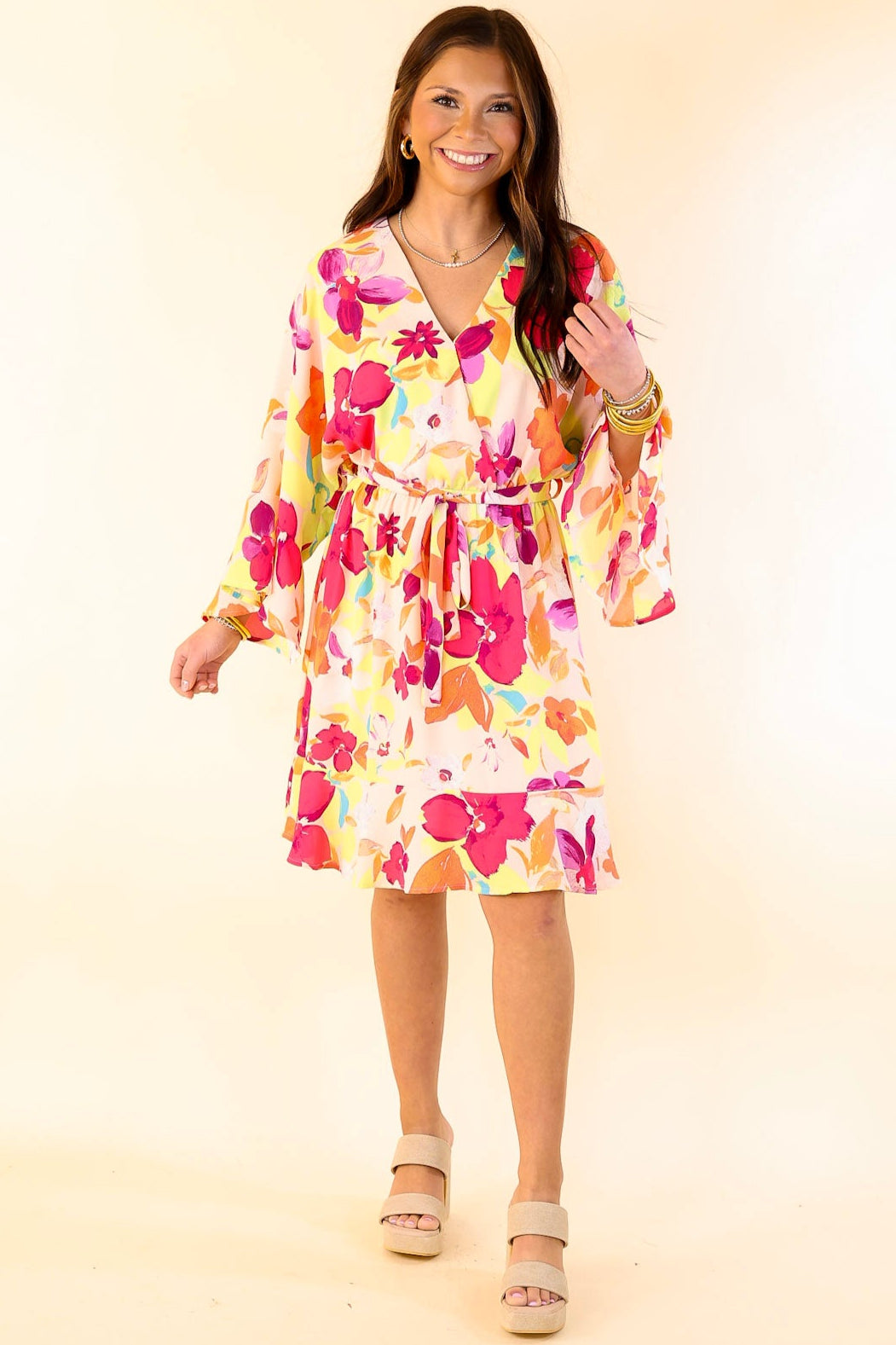 Super Chic Floral Ruffle Sleeve V Neck Dress with Waist Tie in Blush Pink