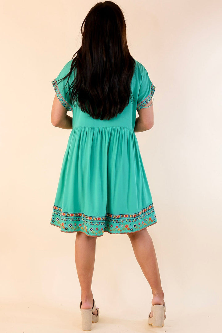 Passing Through V Neck Embroidered Dress with Short Sleeves in Mint Green