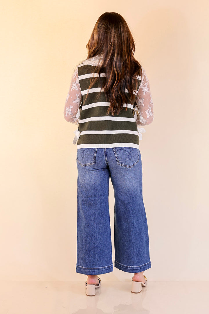 Tied Up in Style Knit Sweater with Side Ties in Olive Green with Off White Stripes