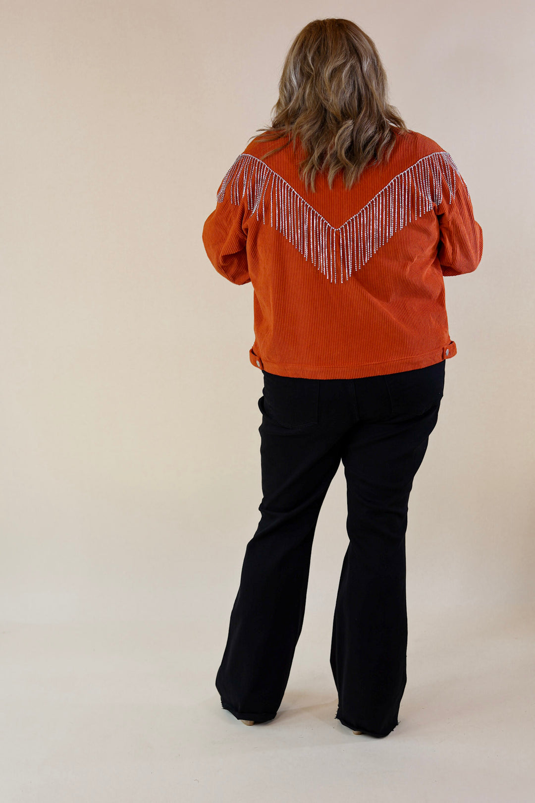 Signature Moves Button Up Corduroy Jacket with Crystal Fringe Back in Rust Orange - Giddy Up Glamour Boutique